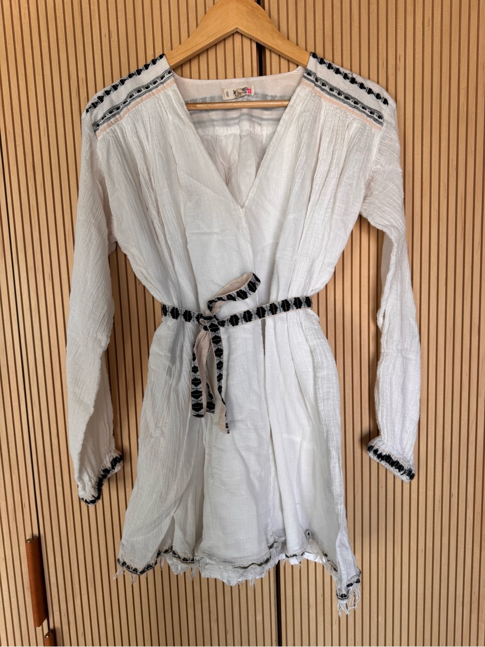 Lemlem White Mini Dress with Black Trim and Tie Belt